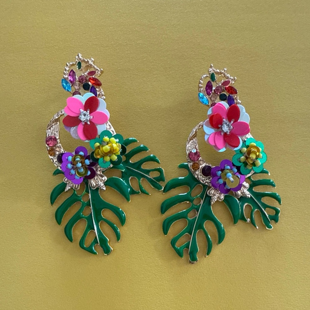 Floral Green Statement Earrings
